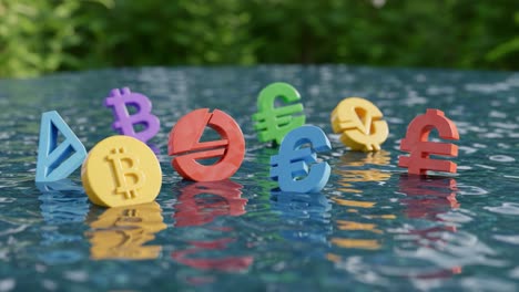 colorful cryptocurrency symbols floating on water surface, representing digital finance trends and modern economy in a creative visual composition