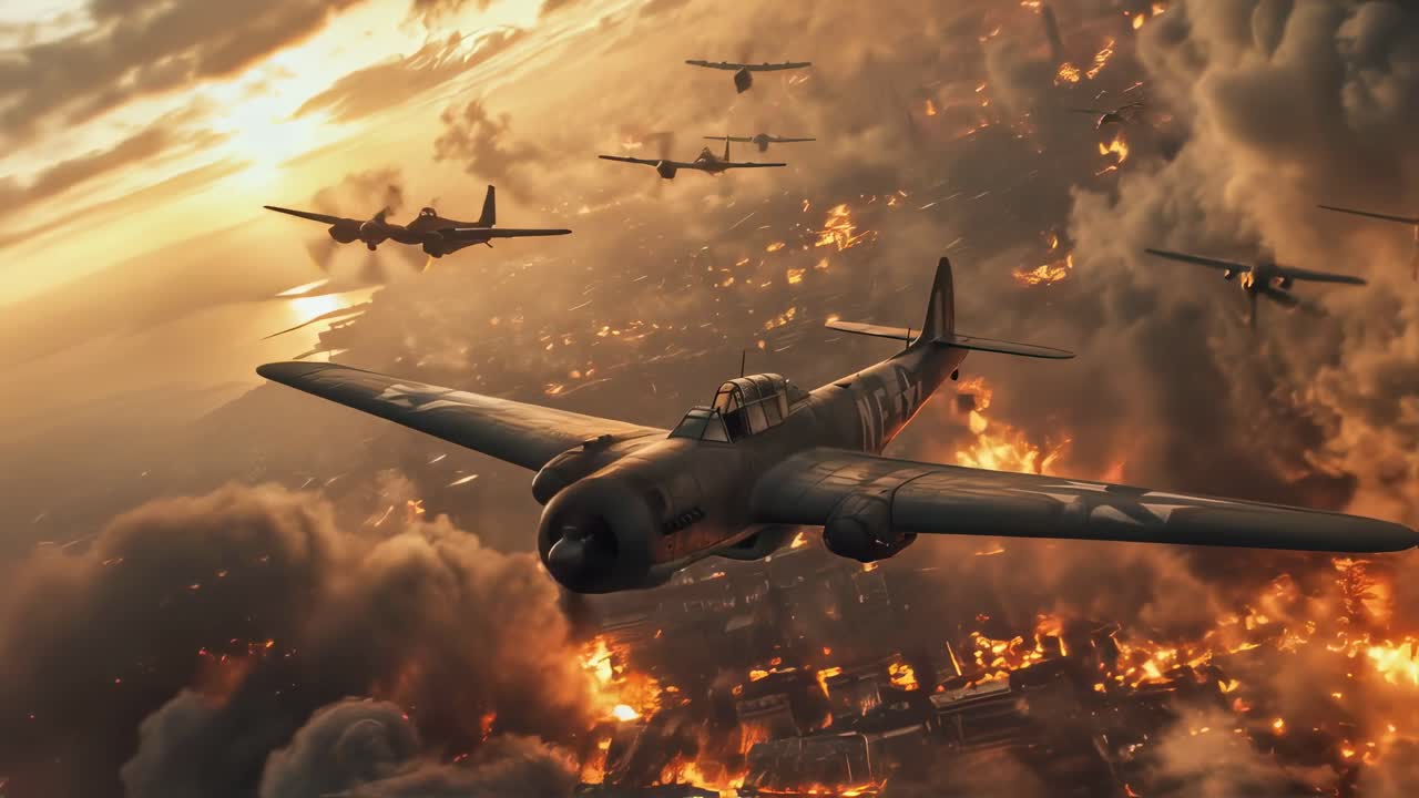 Military fighter jets flying above destroyed cityscape, engaging in fierce aerial combat, sunset casting dramatic light on burning urban terrain with thick smoke rising