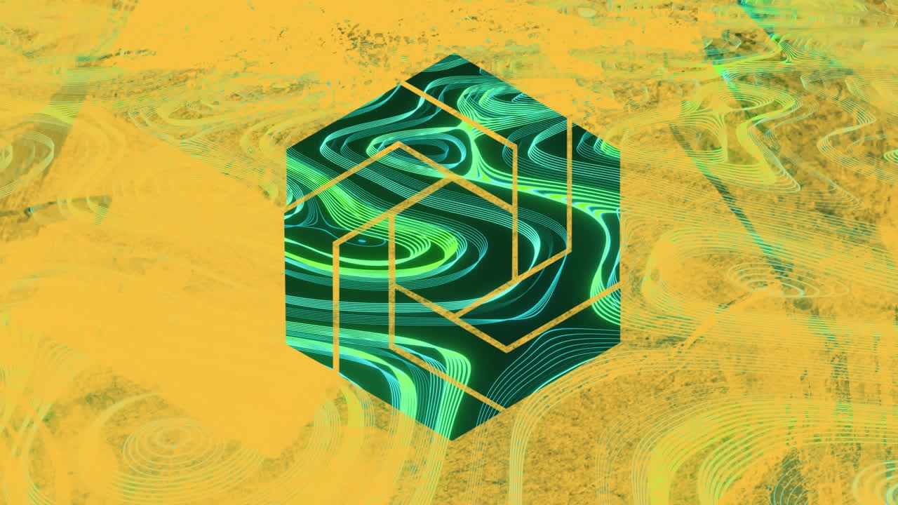 animación de marco amarillo y formas verdes sobre fondo negro