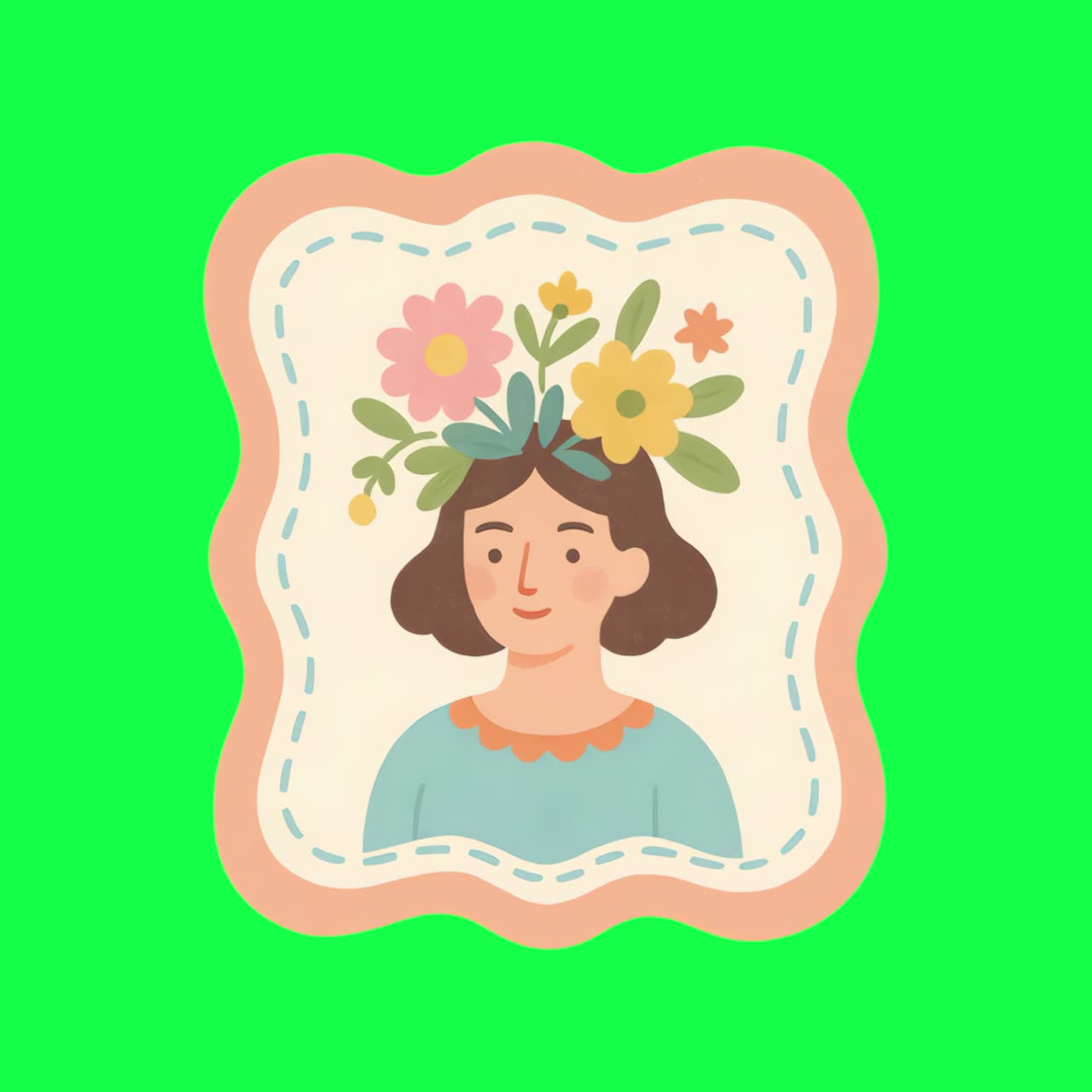 Whimsical portrait with floral elements animation, transparent 4K video, green screen