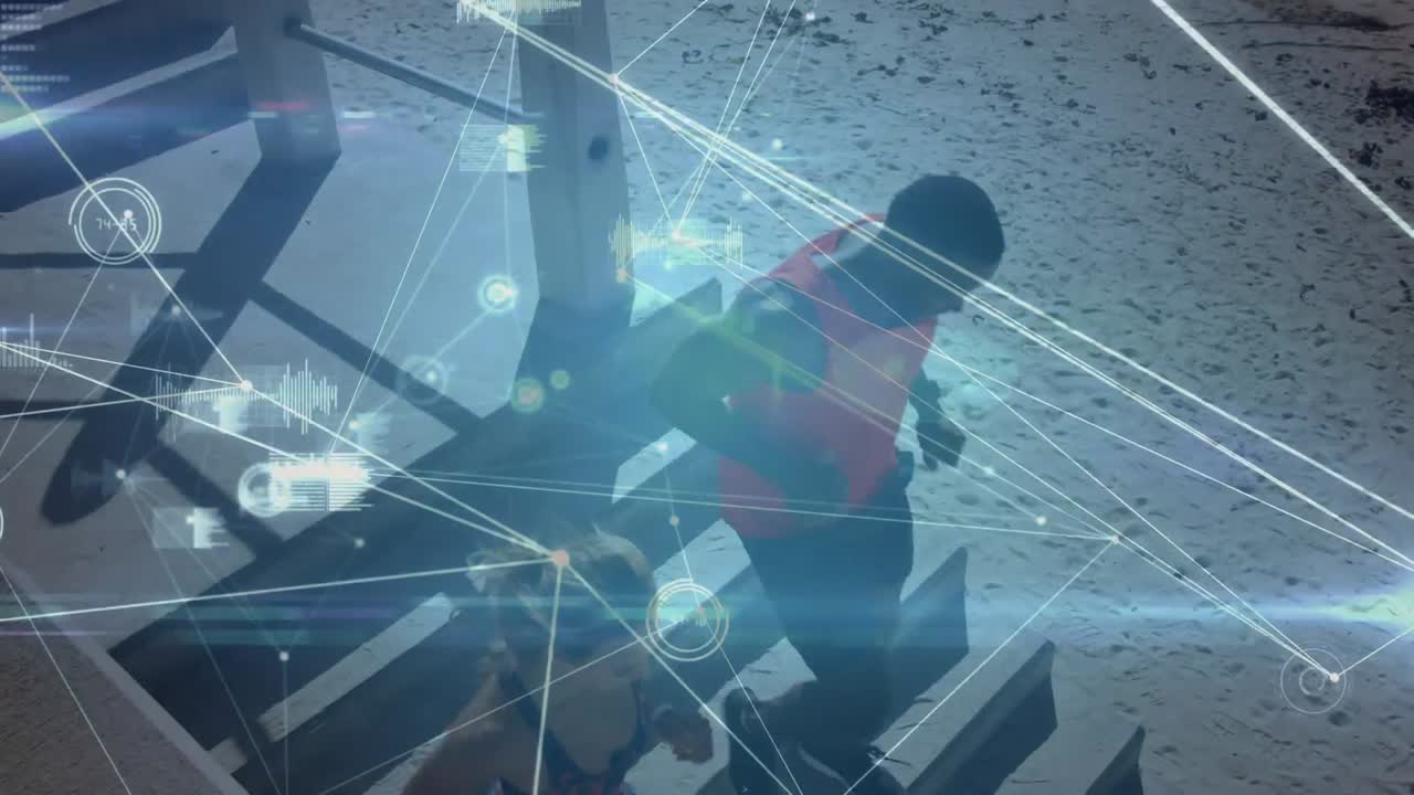 야외에서 달리는 사람에 대한 연결 네트워크의 애니메이션