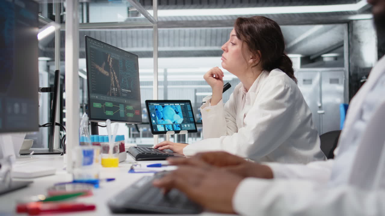 Vertical video Bored medical laboratory technician using computer application
