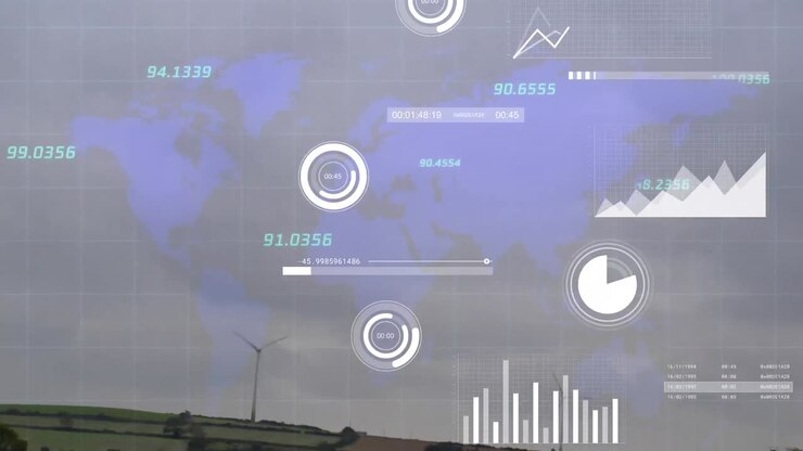 Animation of data processing over world map against spinning windmills on grassland against sky
