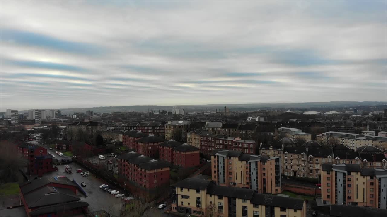 Panoramic View of Glasgow's residential apartments in urban area on a Cloudy Day in Scotland, United Kingdom