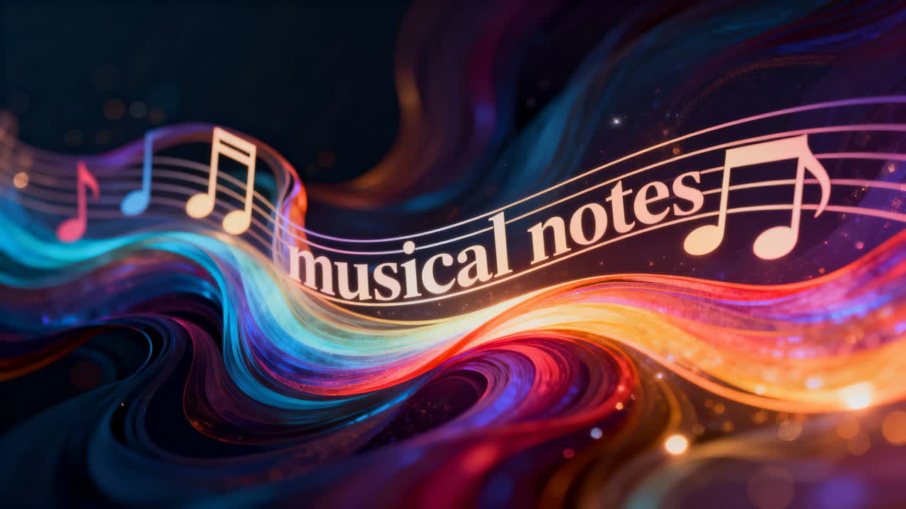 Starting scene with musical staff and notes moving on dark canvas, ribbon flowing to show melody