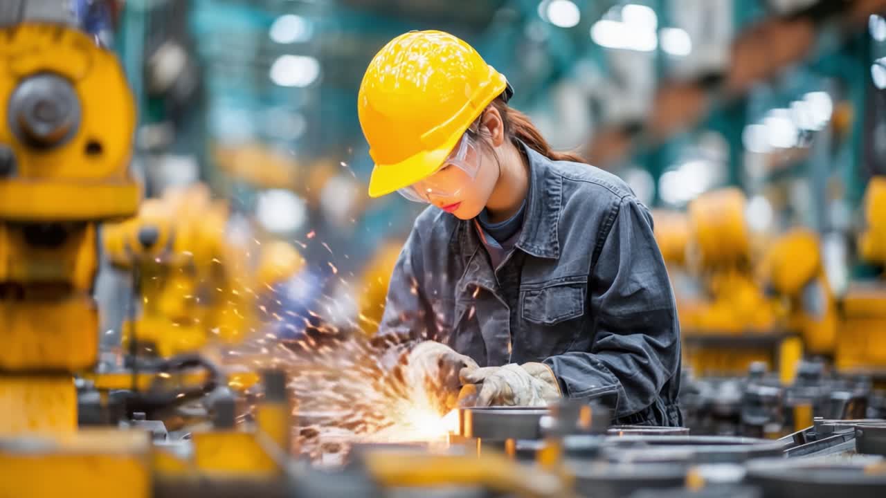 A dedicated worker in a manufacturing facility, expertly handling machinery, sparks flying as they engage in precision metalwork while ensuring safety with protective gear