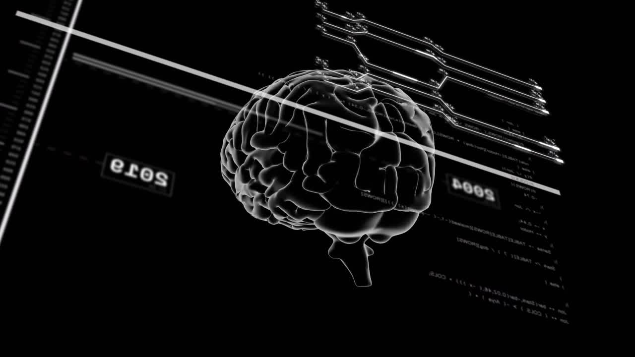 Monochrome 3D brain model floating in black void, showing circuit lines, code, translucent band