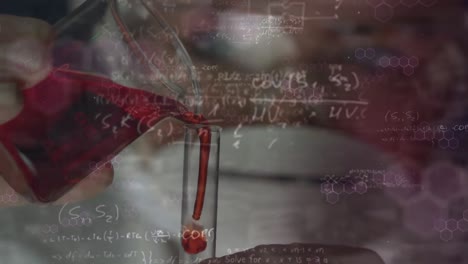 Animation-of-math-and-chemical-formulas-over-hand-of-lab-worker-with-liquid