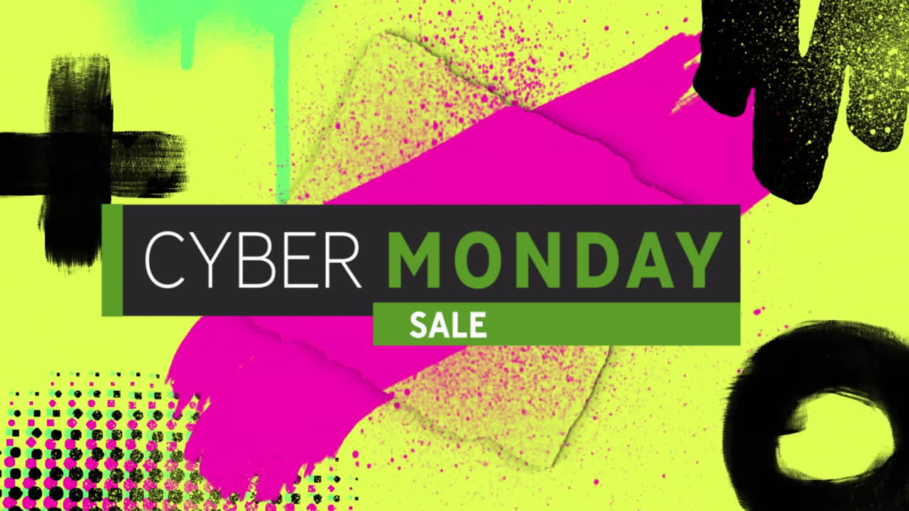 Animation of cyber monday sale text over vibrant pattern background