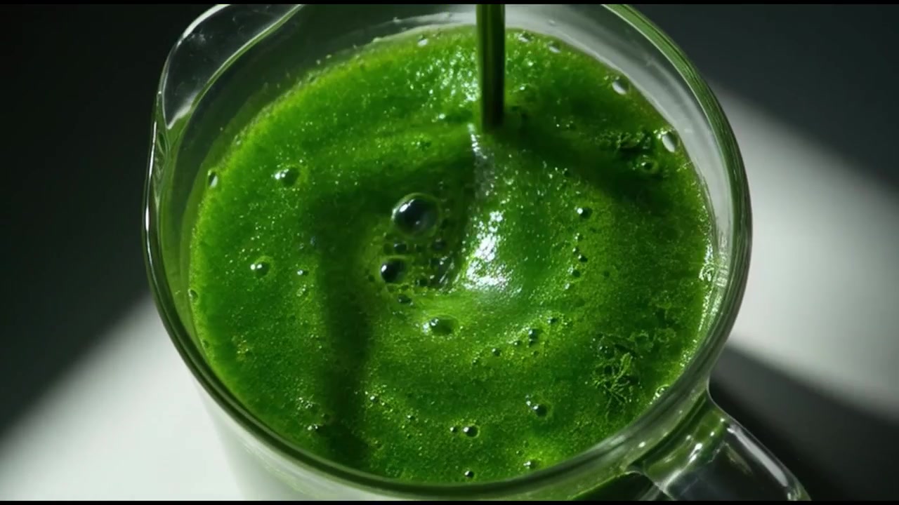 Cucchiaio di metallo che mescola succo fresco di verdure verdi in una brocca di vetro