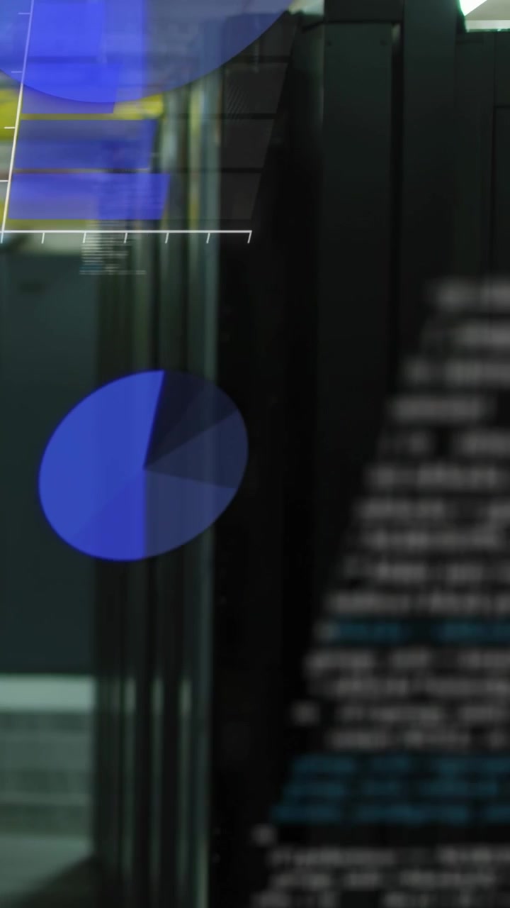 Vertical video: On data update server rack showing rising line, sliding pies, code monitoring