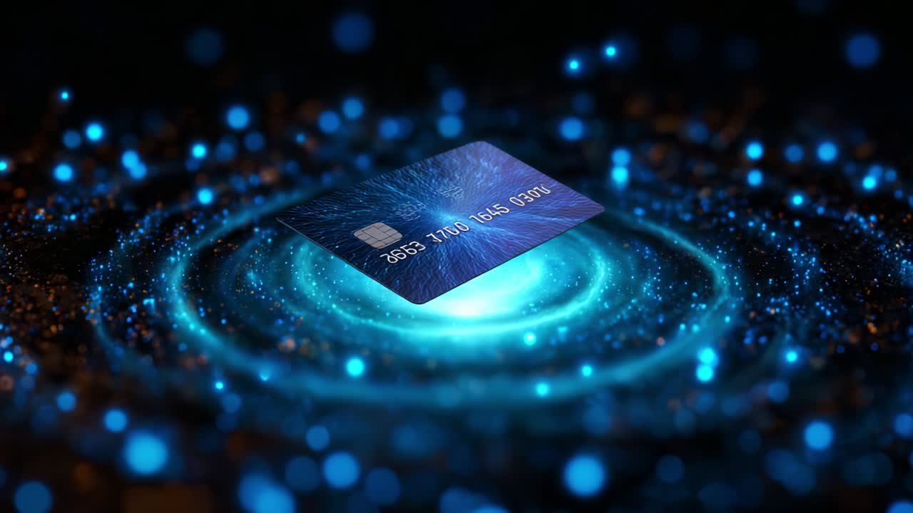 An Illuminated Scene Featuring a Credit Card Suspended in a Vortex of Swirling Blue and Sparkling Particles, Symbolizing the Dynamics of Digital Transactions and Financial Innovation in a Futuristic Context