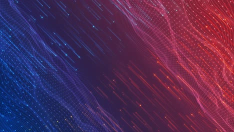 Animation of diagonal red blue light flares combined with flowing plexus waves creating a hightech