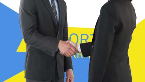 animation of caucasian business people shaking hands over supporting ukraine text