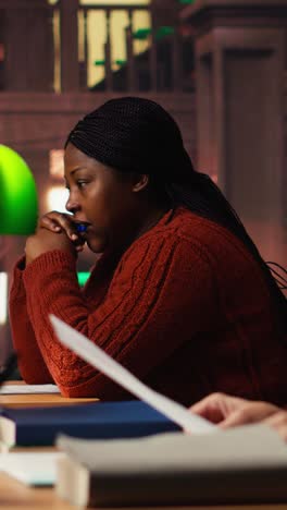 vertical video mature woman reading and using highlighter pen on printed courses