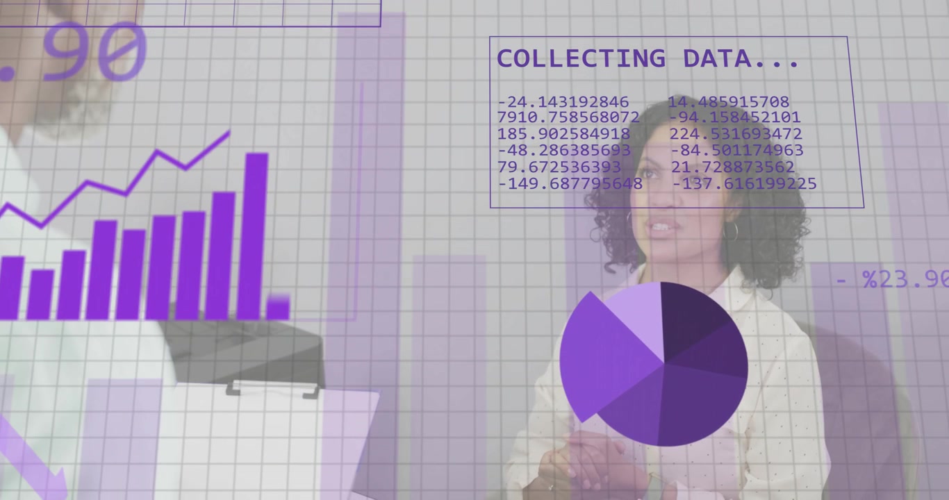 Business presenter pointing peaks as % updating charts for insights with colleague adjusting docs