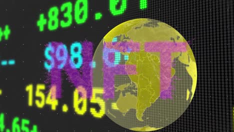 animación del procesamiento de datos sobre globo y texto nft