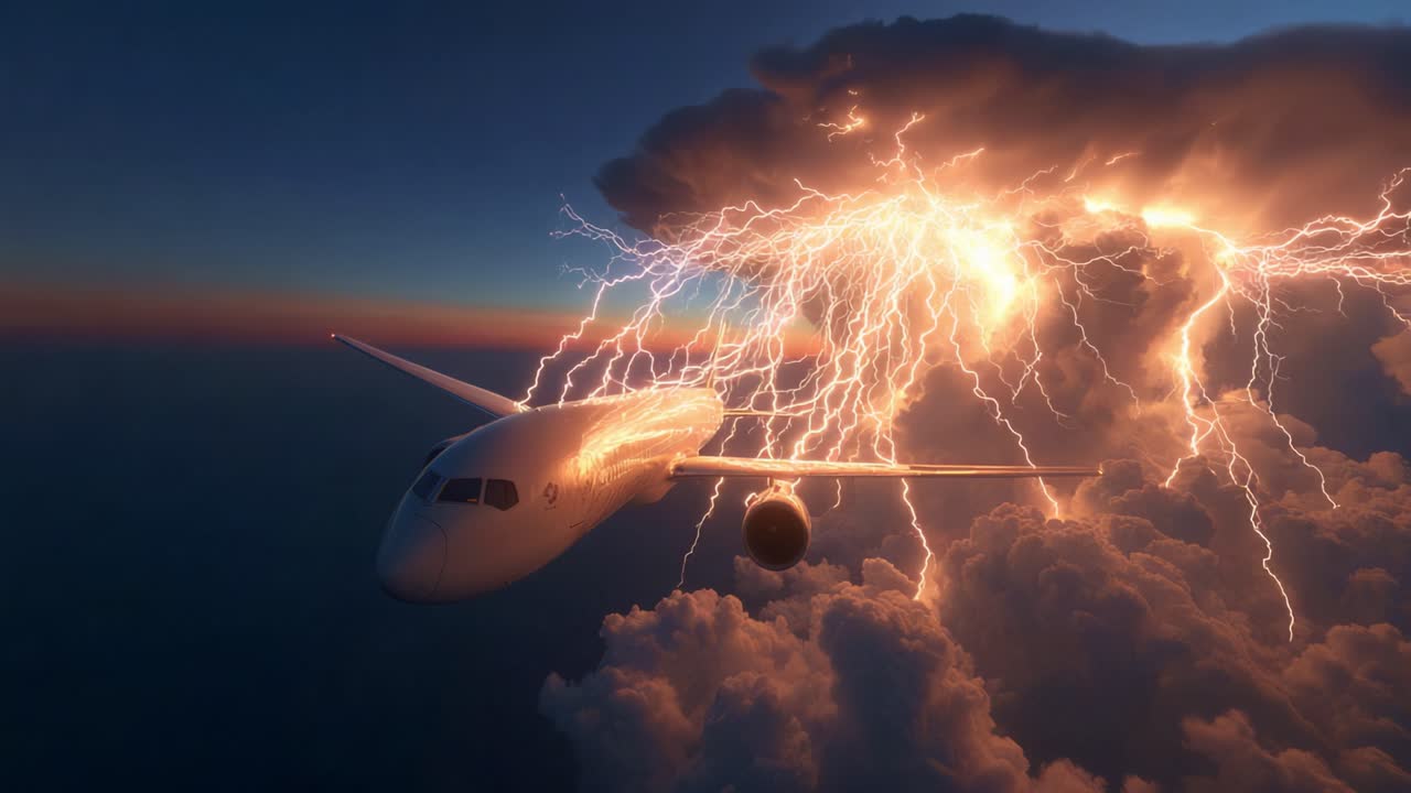 A dramatic scene of an airplane navigating through a fierce thunderstorm, illuminated by striking lightning amidst dark clouds, showcasing the power of nature and aviation resilience