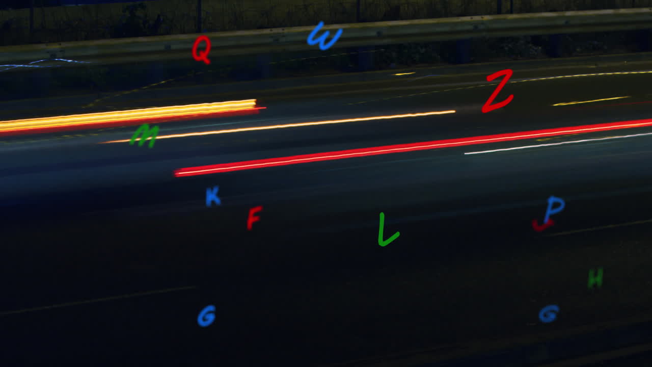 animación de letras que caen sobre el paisaje urbano