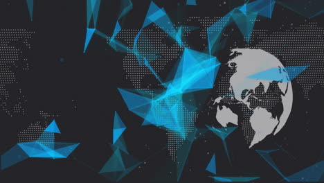animation of blue geometric shapes surrounding digital world map on dark background