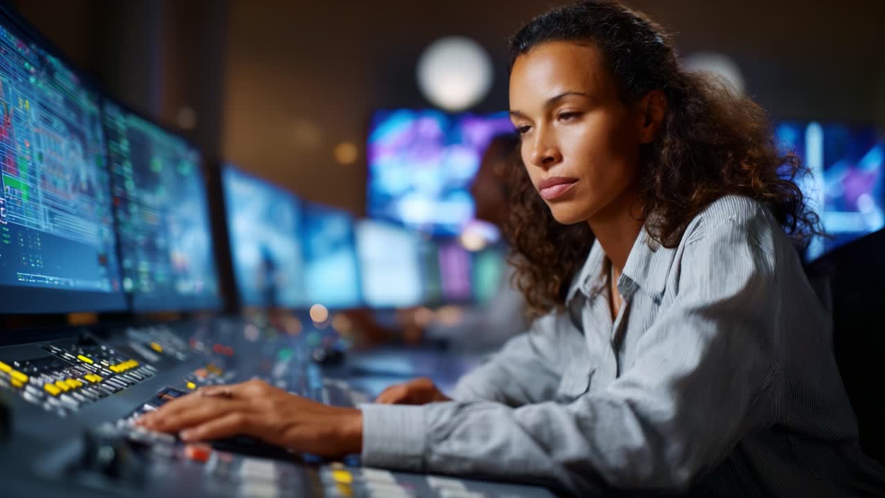 Woman in Control Room Focused on Monitors and Equipment, Managing Live Broadcasts with Skill in a Professional Environment Surrounded by Technology and Data Streams