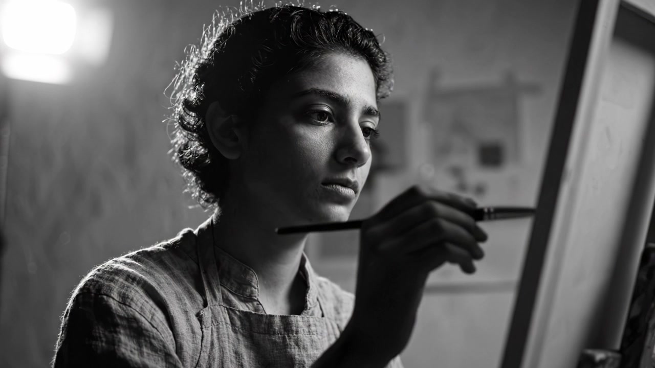 Giovane artista immerso nell'espressione creativa, dipinge in modo affascinante su tela con attenzione focalizzata e profonda introspezione in un ambiente da studio