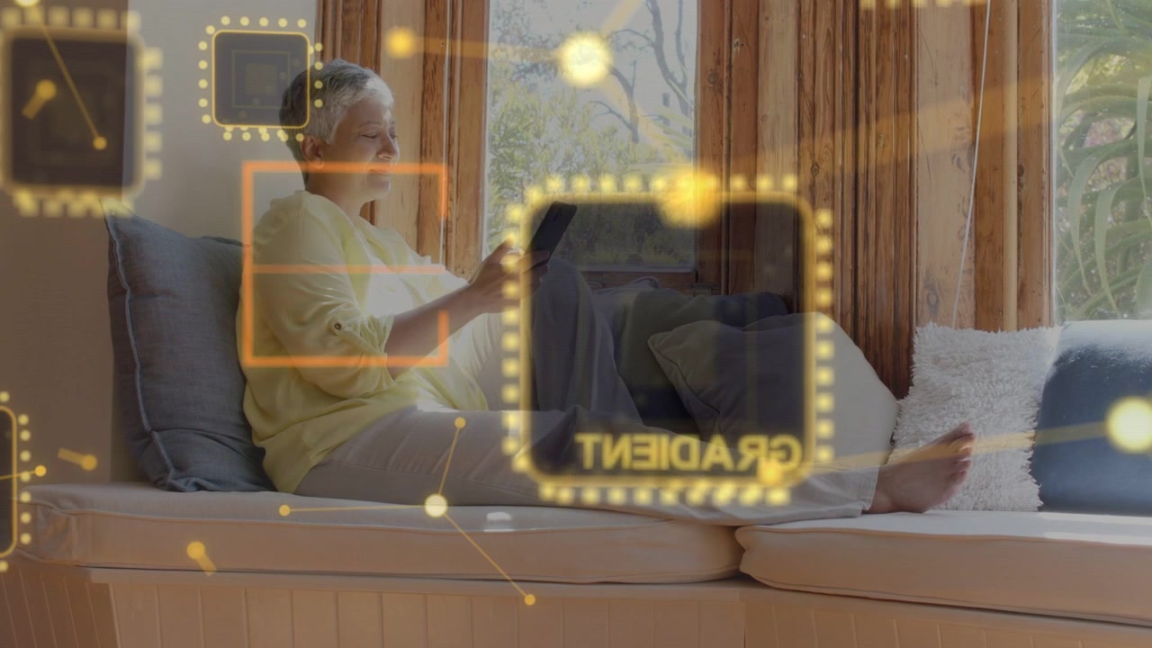 Mature woman sitting on bay seat, tapping phone making tech nodes flowing over subject checking app