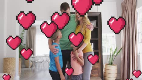 Animation-of-herts-over-happy-caucasian-family-embracing-at-home