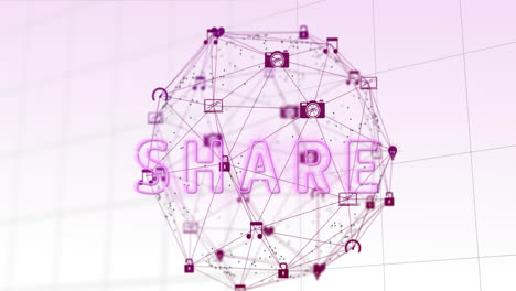 share text over globe of digital icons against grid lines