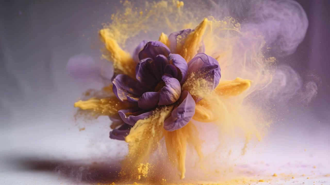 Animazione che inizia con una fioritura stilizzata viola in scena, che apre i petali emettendo nastri dorati che formano un pennacchio.