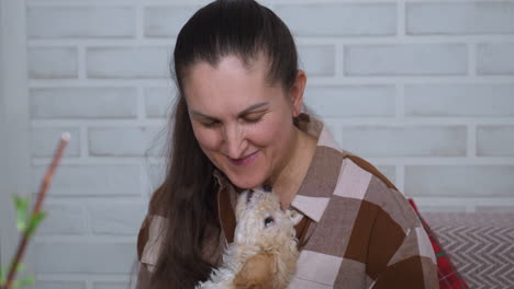 joyful pet owner playing with adorable poodle puppy on cozy sofa amidst lush indoor plants and gardening tools on glass table capturing warm affectionate bonding moment in stylish home setting