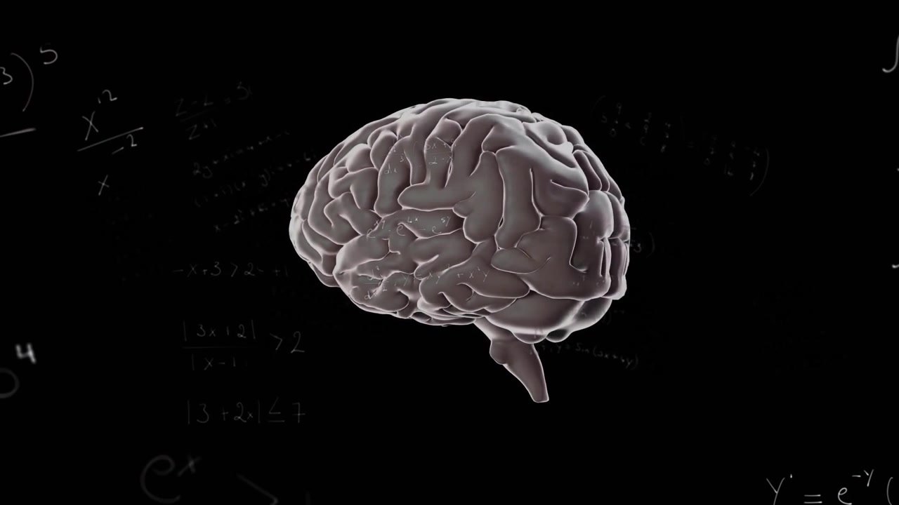 Brain model rendering floating against black backdrop, showing glowing equations in 3D illustration