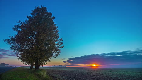 Das-Goldene-Glühen-Eines-Sonnenuntergangs-über-Einem-Ackerlandfeld-In-Der-Europäischen-Landschaft---Weitwinkelzeitraffer