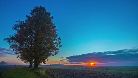 the golden glow of a sunset over a farmland field in the european countryside - wide angle time lapse