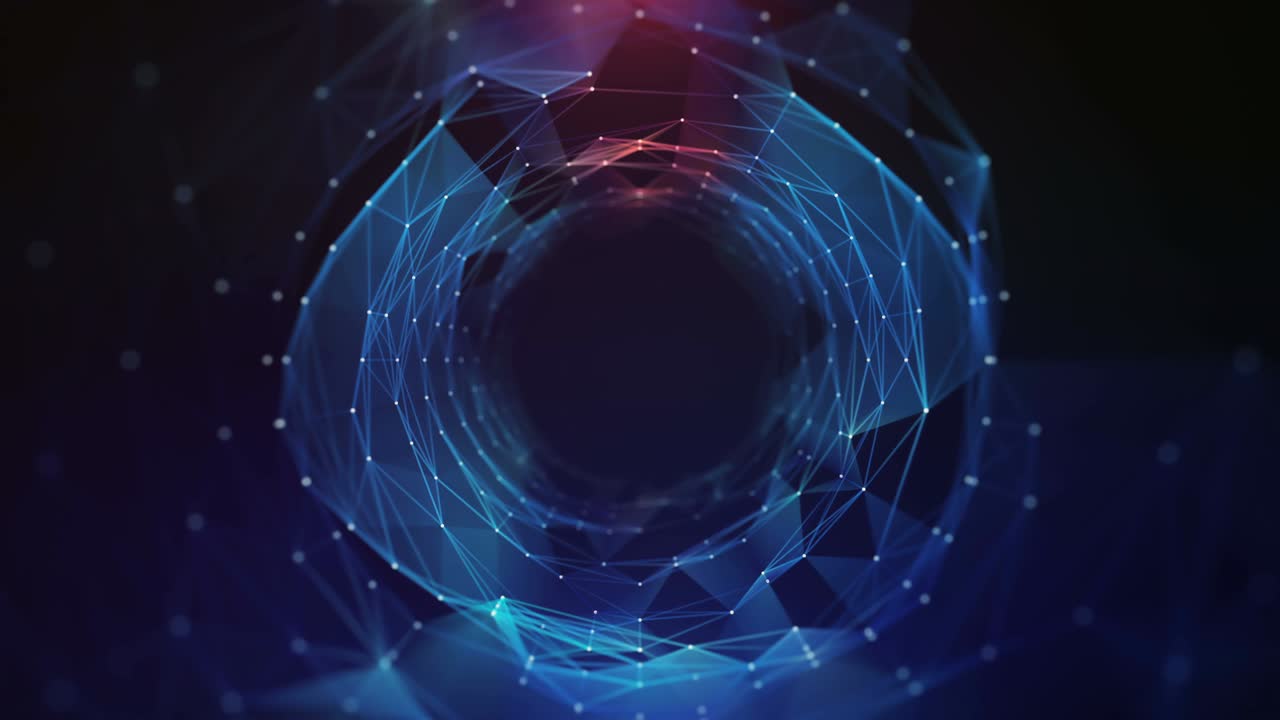 Looping parallax Plexus technological digital Tunnel lines and dots connection Hi speed internet, transfering data NFT HUD.Titles and logo template.Seamless digital Plexus Tunnel zoom in animation
