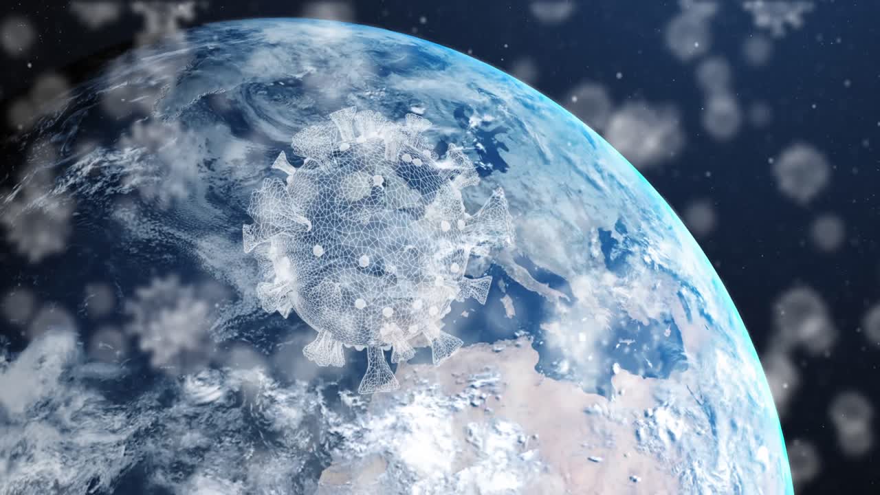 지구 위에 떠다니는 코로나19 세포의 애니메이션