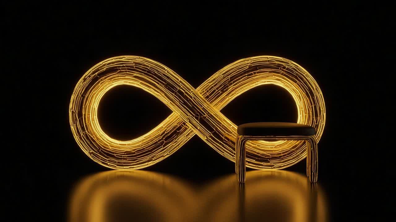 A captivating visual of a neon-inspired infinity symbol paired with a sleek metallic chair, creating a striking contrast against a dark backdrop