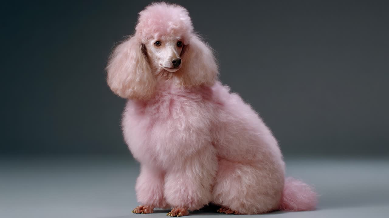Un elegante barboncino rosa posa con grazia su uno sfondo neutro, mettendo in mostra il suo lussuoso manto soffice e il suo aspetto adorabile in entrambi i fotogrammi del video.