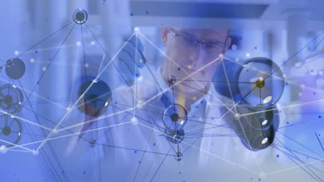 working in laboratory, scientist analyzing molecular structure with animation overlay