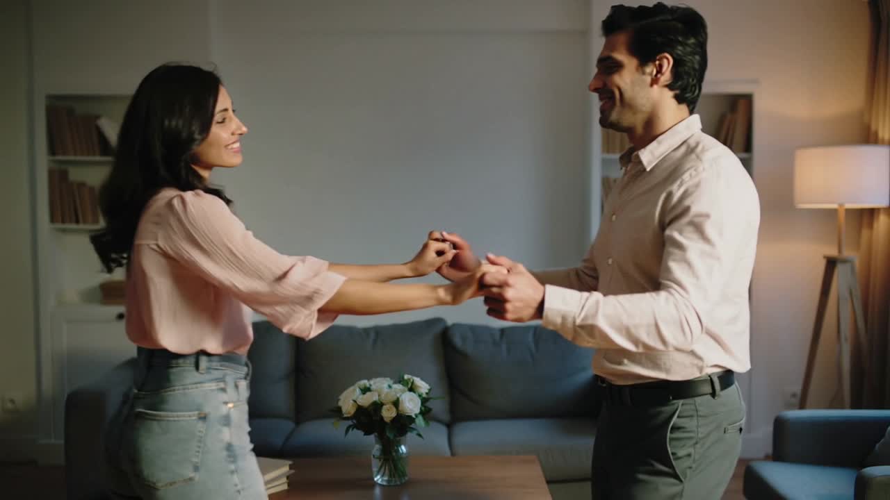 Grasping hands, man beige-shirt woman pink-top dancing playfully in living room with vase on table