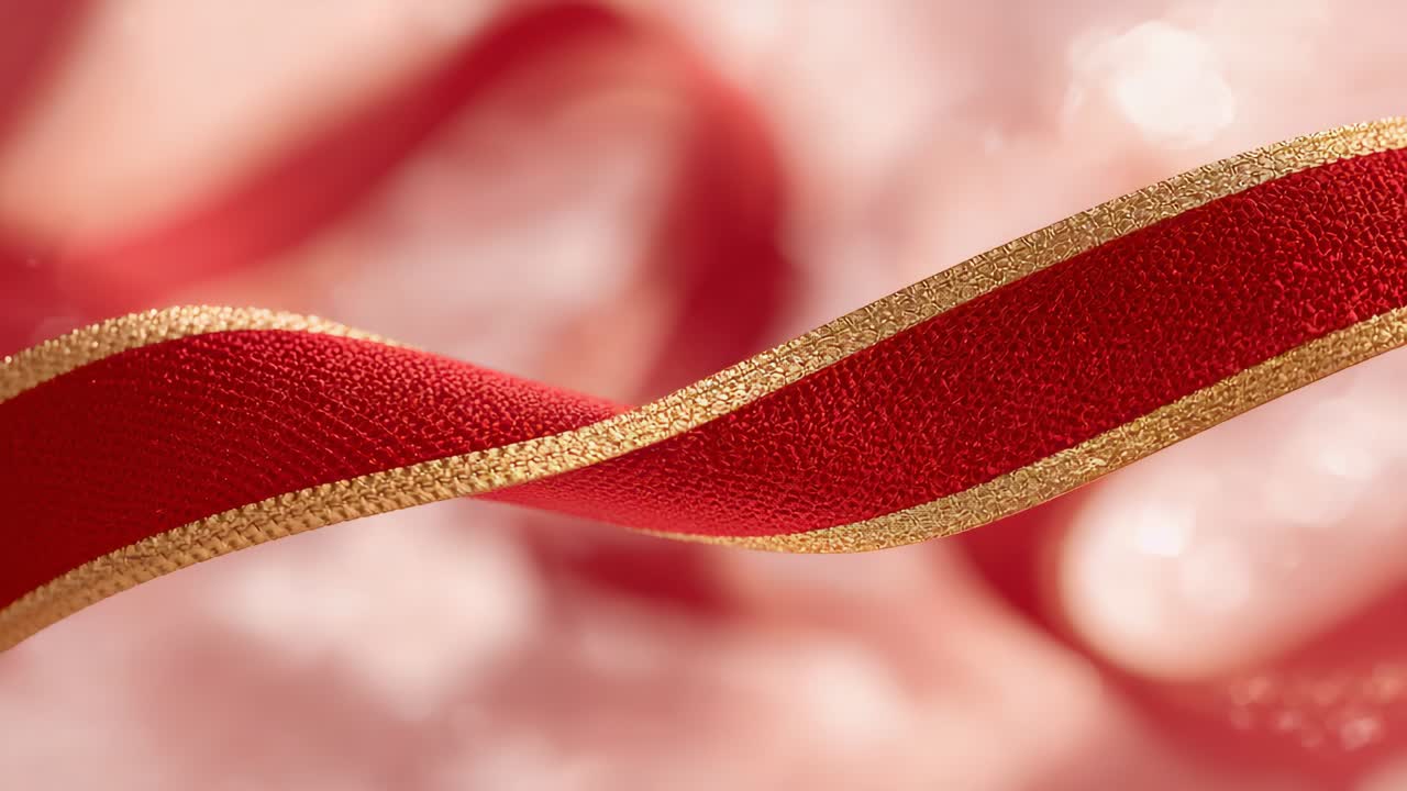 Eine rollende Kamera filmt ein rotes Band, um eine goldverzierte, gewebte Textur zu zeigen, die im Studio weht, pinkes Bokeh
