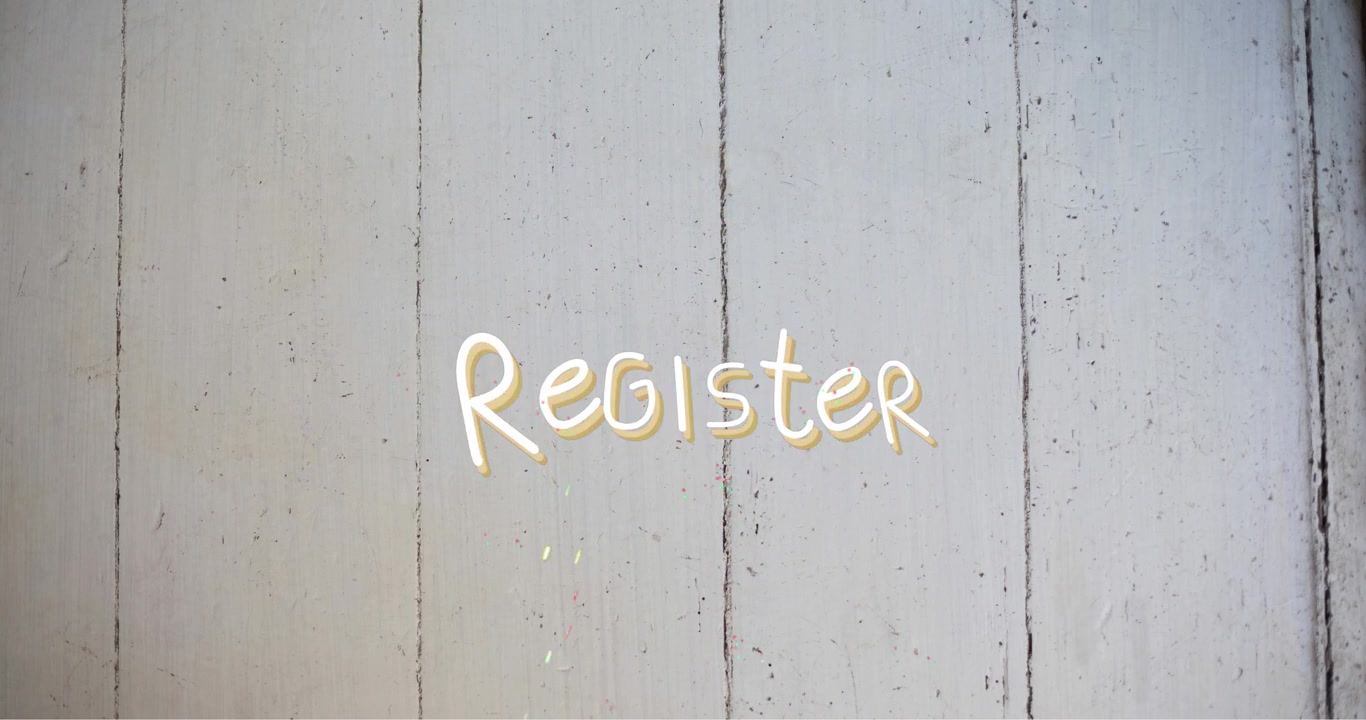 Animation of register text and fireworks over wooden background