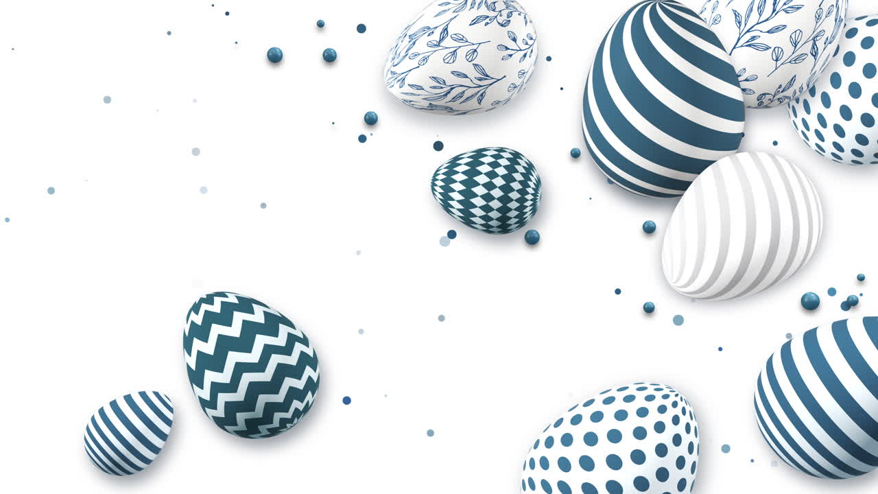 Easter 3D eggs painted with blue patterns. White background with space for text. Holiday spring animation Happy Easter.