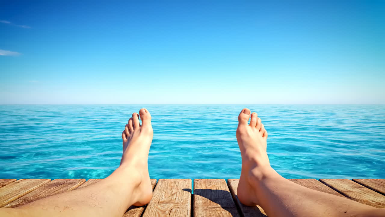 Un coccodrillo si avventa dall'acqua verso i piedi. Un grande coccodrillo salta fuori dall'acqua, con le fauci spalancate, verso dei piedi appoggiati su una banchina di legno in pieno sole.