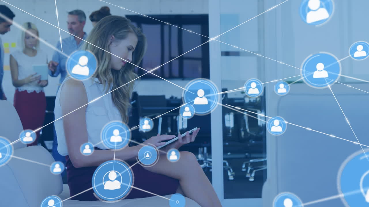 Animation of network of connections over caucasian businesswoman using tablet