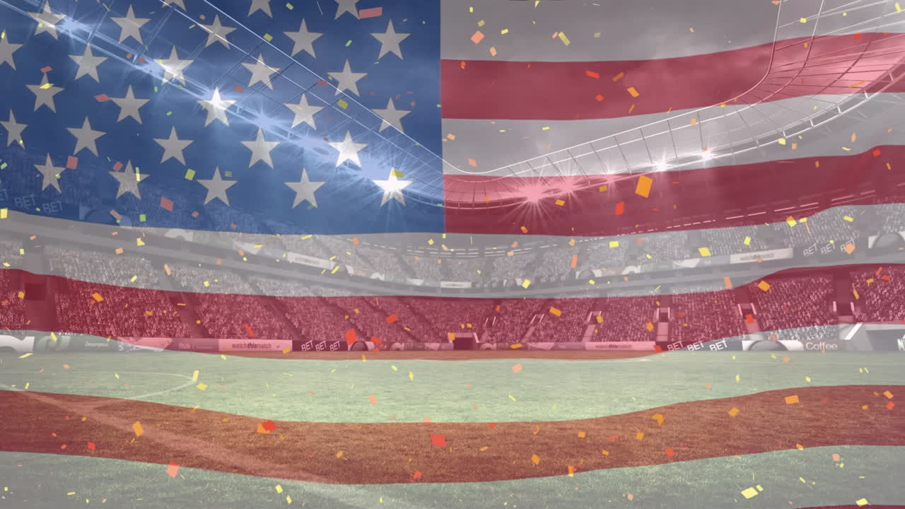 Animação de confetes e bandeira americana sobre estádio esportivo
