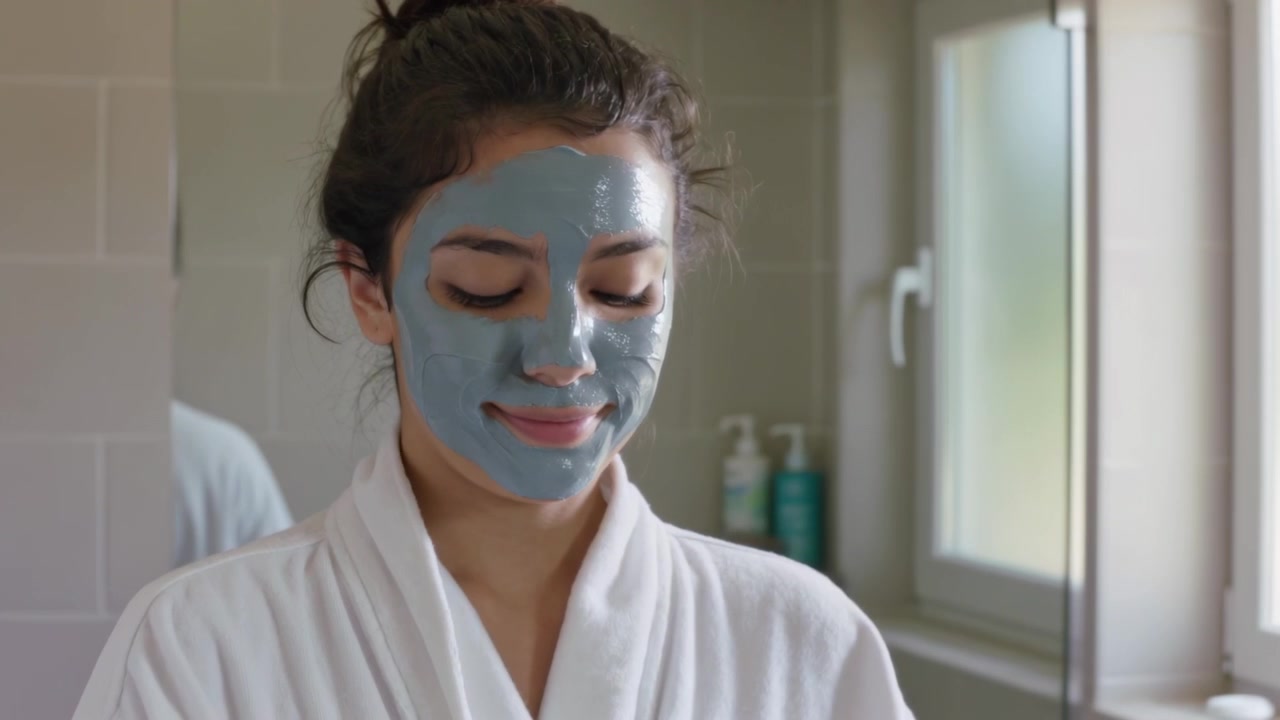 Frau im Bademantel schaut in den Spiegel, trägt eine blaue Gesichtsmaske am Waschbecken auf und überprüft die Deckung.