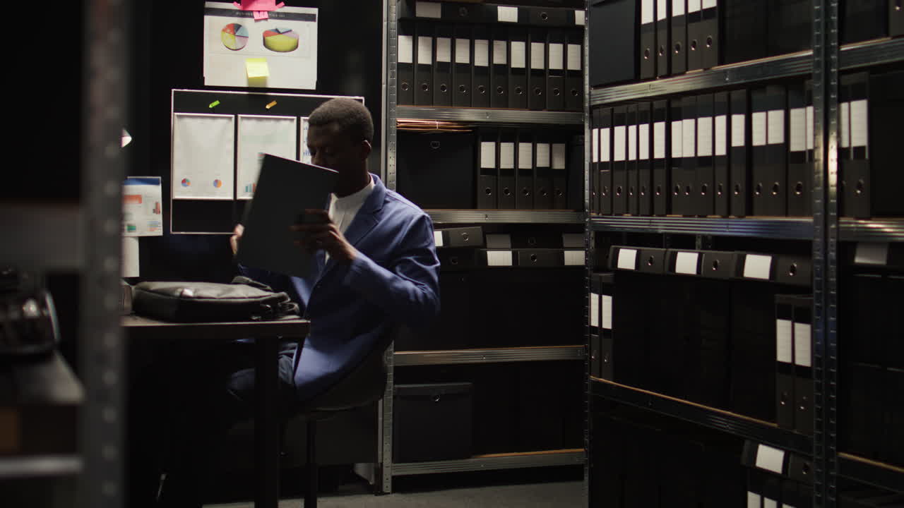 Office Workspace with Shelves and Documents