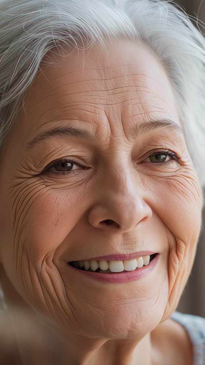 Vertical video: Rolling camera filming senior woman opening eyes, smiling beside window soft light