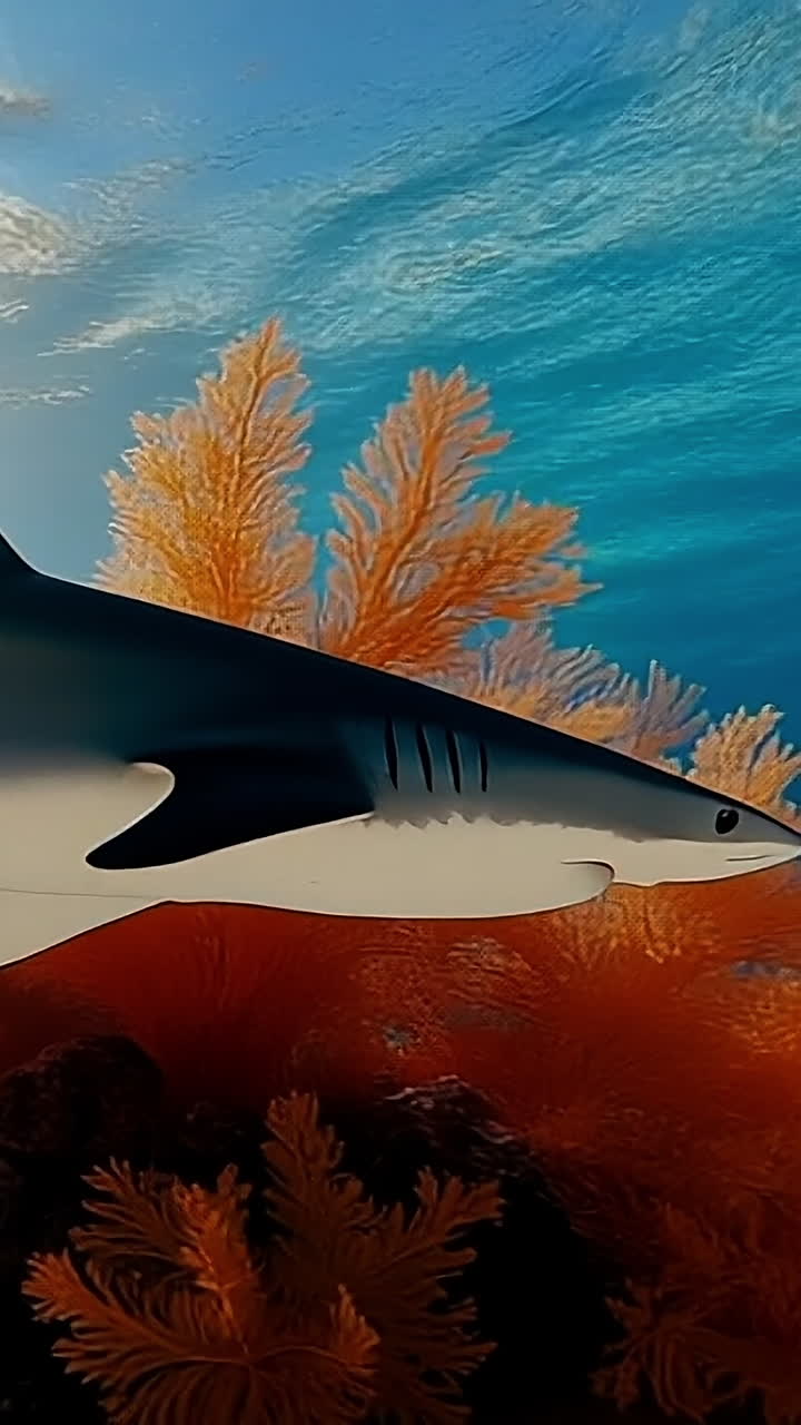 Shark swimming among vibrant coral reef. A sleek shark glides gracefully through clear blue waters, surrounded by colorful coral and illuminated by sunlight.